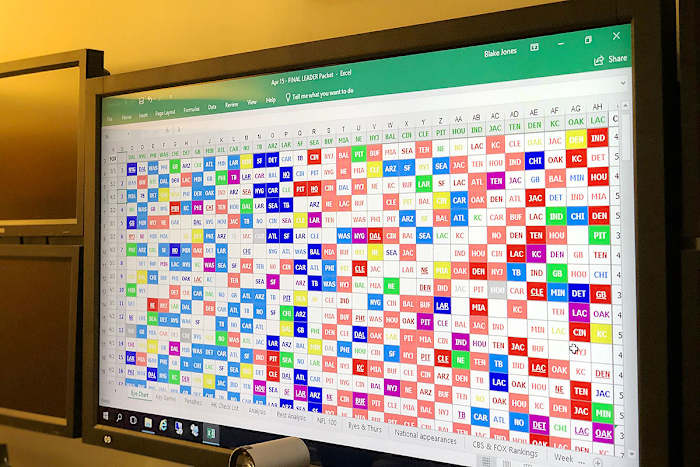 The NFL's 2019 schedule, displayed on a large screen at the league offices.